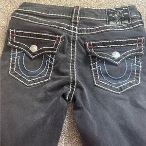 True Religion Black Mid Rise Super Skinny Jeans with White Stitching